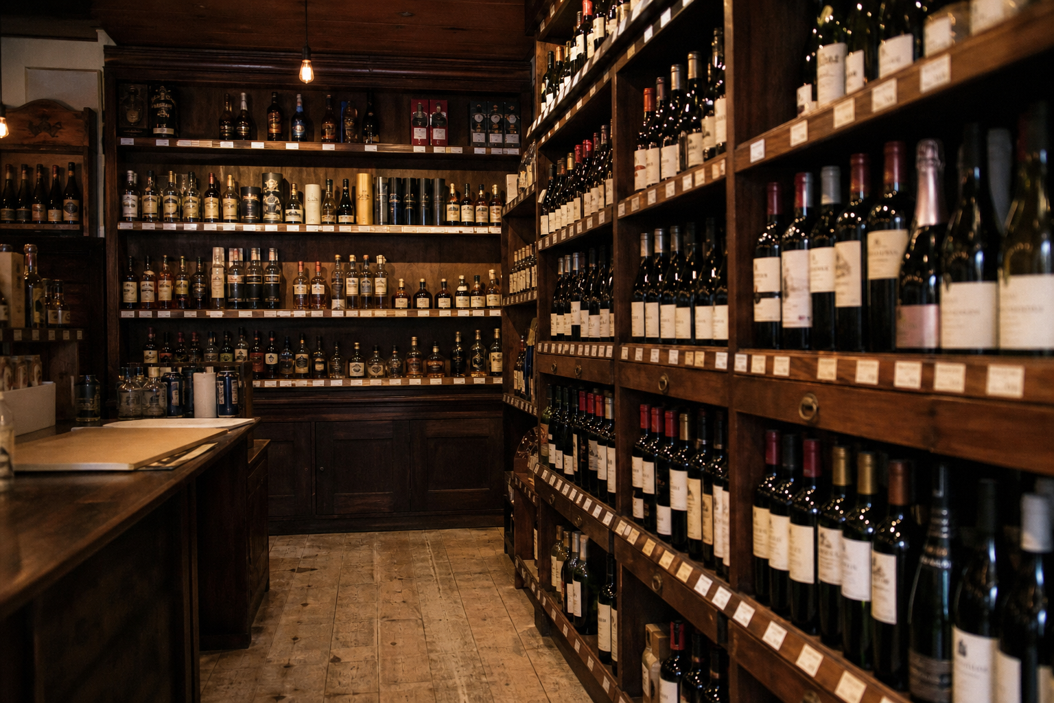 Wood shelves of bottles in warm light. Generated sample photo.