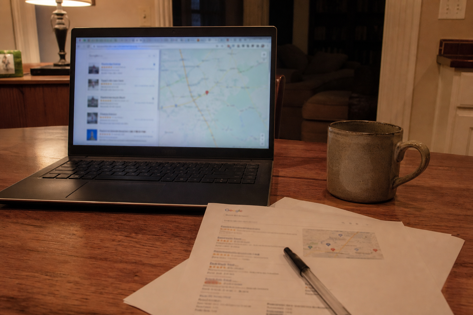 Kitchen table at night: laptop, a printed listing, coffee. Generated still — not a stock office.